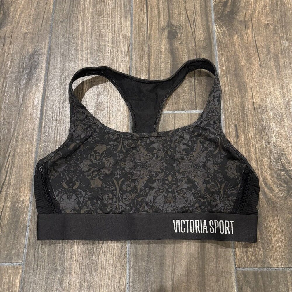 Victoria Secret Sport VSX Medium Sports Bra Black Gray Floral Racerback (129)